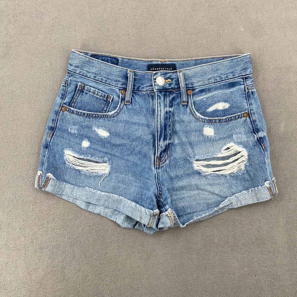 Aeropostale Mom Shorts Womens 6 Blue Denim High Waisted Distressed Ripped Cuffed